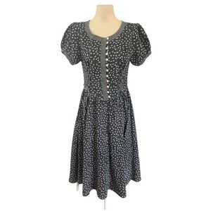 Pepi Japan Ditsy Floral Lace Up Corset Waist Midi Dress Black White 90s Boho